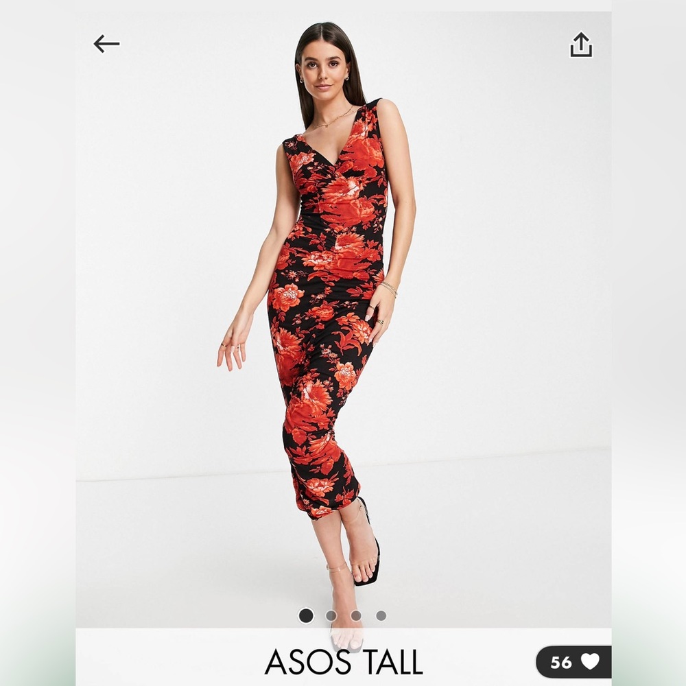 ASOS DESIGN Tall corset dropped waist midi dress in red floral print. US 6 Tall